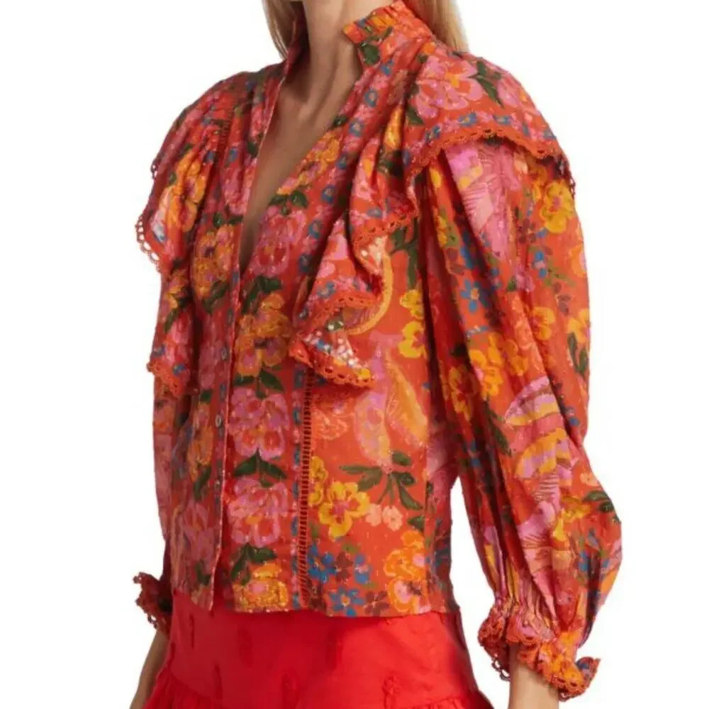 Farm Rio Bananas Ruffle Clip Dot Textured Cotton Blouse RED Puff Sleeve XS